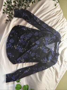 Ann Taylor Black Blouse with Blue Floral Print